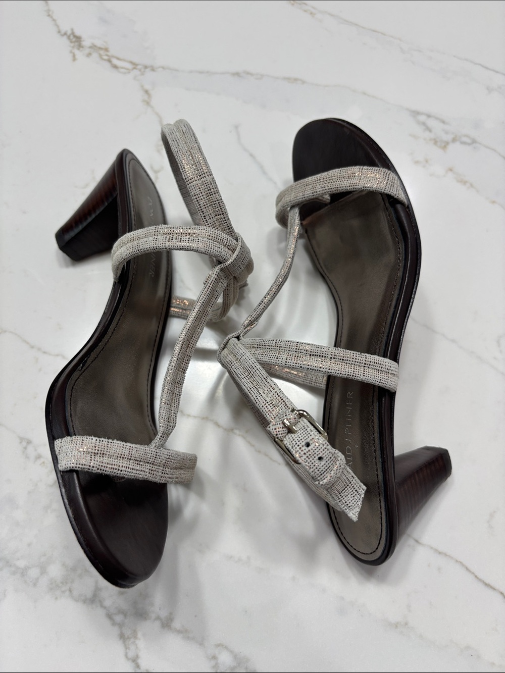 Donald J. Pliner Silver Textured Strappy Mid-Heel Sandals - Picture 10 of 13